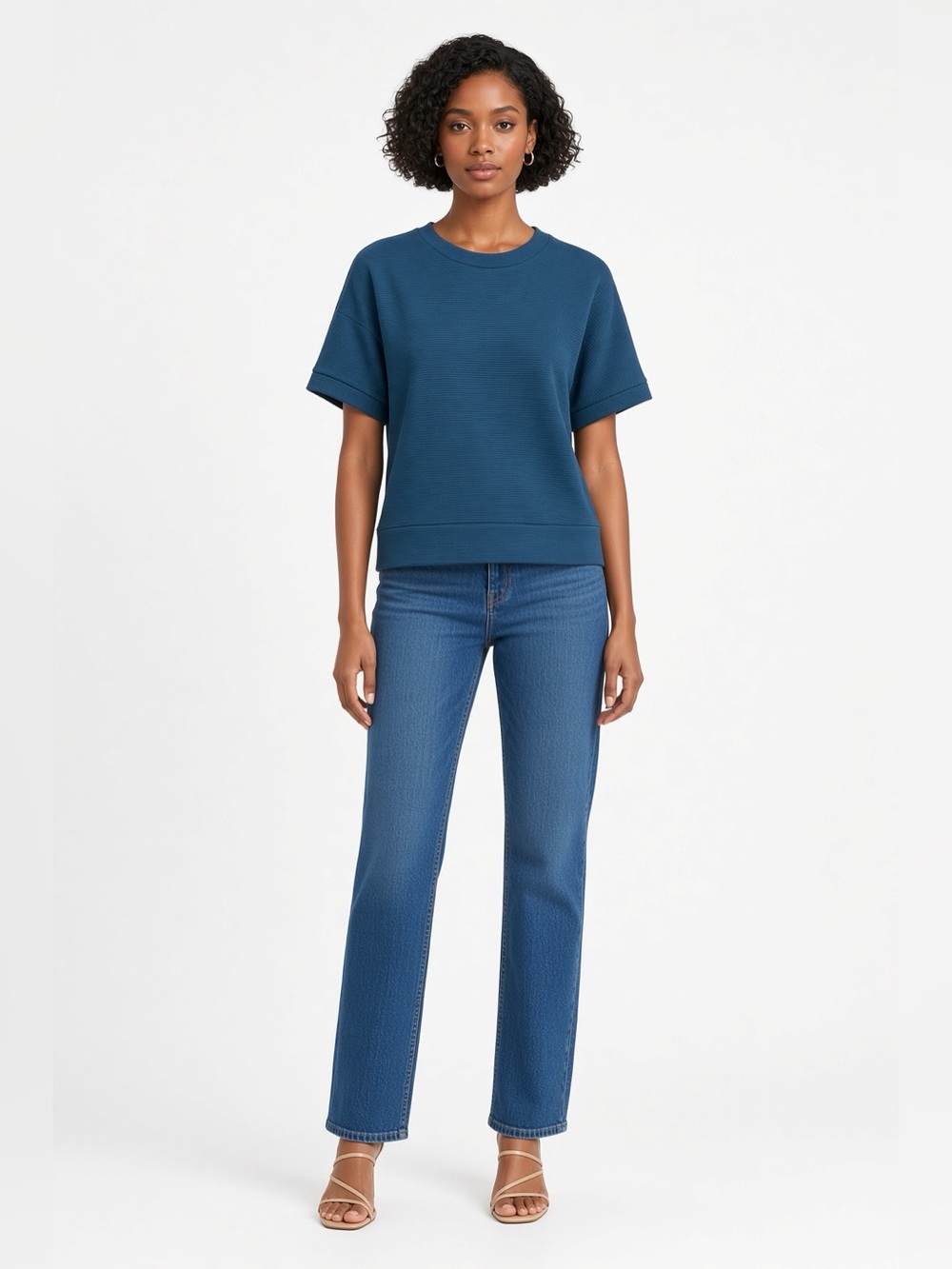 Adrianna Papell Teal Ribbed Short Sleeve Button Back Top M